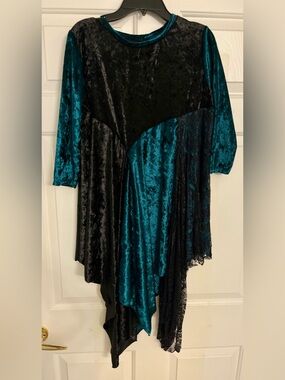 Velvet Asymmetrical Shirt and Skirt in Emerald Green and Black